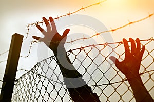 Refugee men and fence