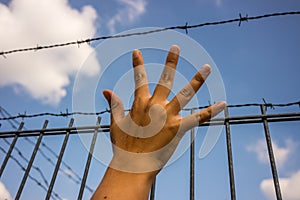 Refugee men hand and fence