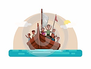 Refugee Ship Sailing On The Sea Cartoon illustration Vector