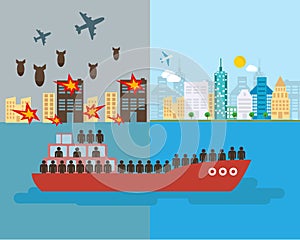 Refugee.vector. war victims concept escaping with boat photo