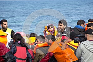 Refugees arriving in Greece in dinghy boat from Turkey.