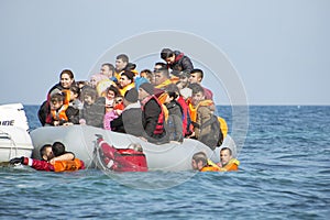 Refugees arriving in Greece in dinghy boat from Turkey.