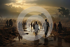 Refugees as they walk away from the ravages of war, in search of a safe haven and a brighter future. Ai generated