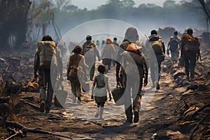 Refugees as they walk away from the ravages of war, in search of a safe haven and a brighter future. Ai generated