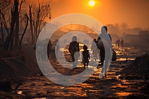 Refugees as they walk away from the ravages of war, in search of a safe haven and a brighter future. Ai generated