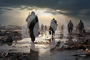 Refugees as they walk away from the ravages of war, in search of a safe haven and a brighter future. Ai generated