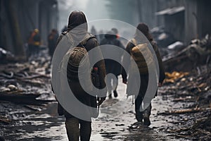 Refugees as they walk away from the ravages of war, in search of a safe haven and a brighter future. Ai generated