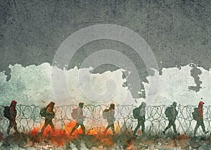 Refugees behind barbed wire, exile camp, border, illegal immegration, prison fence, human rights and racism photo