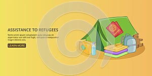 Refugees kit banner horizontal man, cartoon style