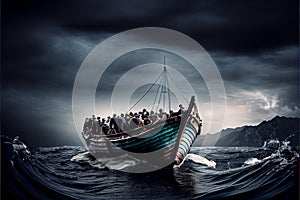 Refugees on an old boat in a stormy sea.