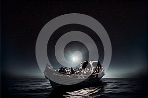 Refugees on an old boat in a stormy sea.