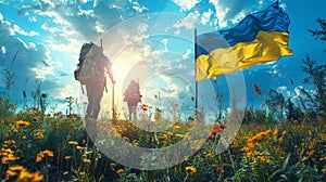 Refugees Walking in Flower Field Under Ukraine Flag