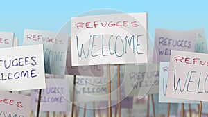 REFUGEES WELCOME placards at street demonstration. 3D rendering