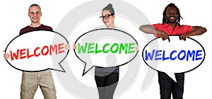 Refugees welcome young multi ethnic people speech bubbles