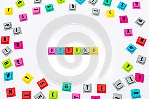 REFUND word written with colorful letters on white background