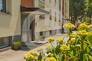 Refurbished entrance of city block