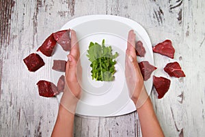 Refusal of meat. Vegetarian`s hands reject pieces of red meat.