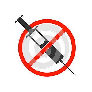 Refusal of vaccination, drugs, narcotic concept with stop sign icon plastic medical syringe in flat style, concept of stopping
