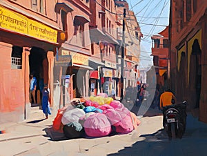 A refuse dump by a electric pole in a street in India, realistic illustration photo