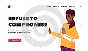 Refuse to Compromise, Denial or Disagree Landing Page Template. African Female Character Showing Refusal Gesture