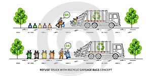 Refuse truck with recycle garbage bags vector illustration