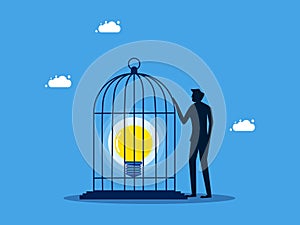 Refusing to disclose knowledge or business secrets. man locks a light bulb in a cage. business concept