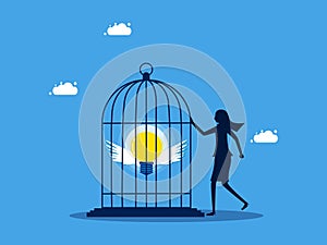 Refusing to disclose knowledge or business secrets. woman locks a light bulb in a cage. business concept