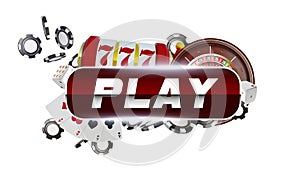 Reg round play button with metallic border on white background. Casino playing cards, dice and chips. Online casino