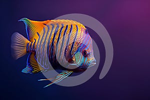 A regal angelfish glides against a dark purple background