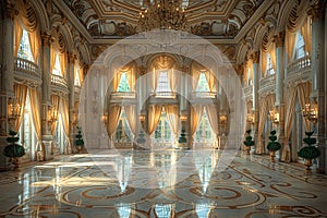 Regal ballroom with ornate details high ceilings