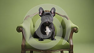 Regal black Frenchie perched on verdant throne, regal and serene.