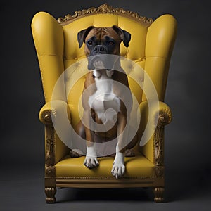 Regal boxer pup claims throne with adorable charm.