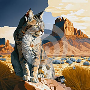 Regal cat in desert plain with butte