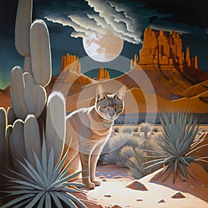 Regal cat in desert under moon by butte and cactus