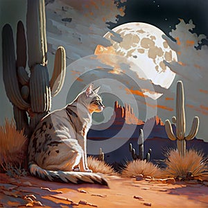 Regal cat in desert under moon by cactus with butte