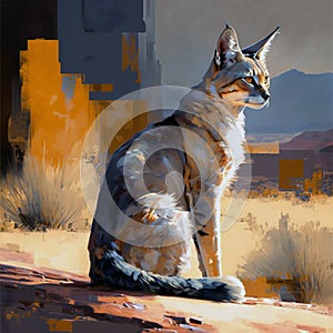 A regal cat sits in desert looking outward at dusk