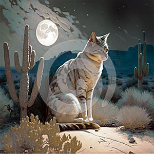 Regal cat under moonlight by cactus