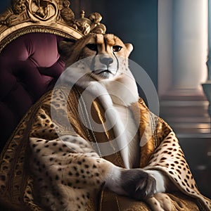 A regal cheetah wearing a royal robe and a scepter, sitting on a throne1