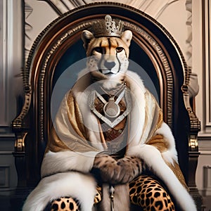 A regal cheetah wearing a royal robe and a scepter, sitting on a throne2