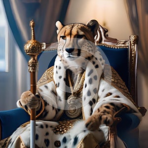 A regal cheetah wearing a royal robe and a scepter, sitting on a throne3