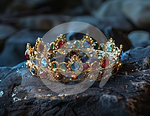 Regal crown adorned with colorful gemstones on a dark, textured surface