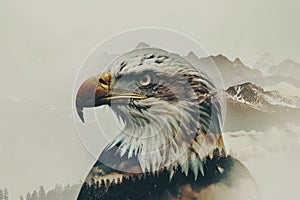 A regal eagle superimposed with the rugged peaks of a mountain range in a double exposure
