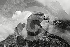 A regal eagle superimposed with the rugged peaks of a mountain range in a double exposure