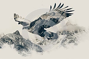 A regal eagle superimposed with the rugged peaks of a mountain range in a double exposure