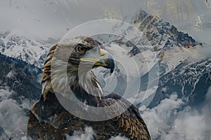 A regal eagle superimposed with the rugged peaks of a mountain range in a double exposure