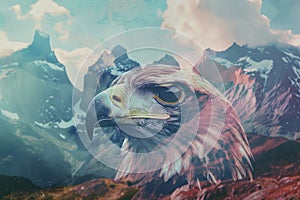 A regal eagle superimposed with the rugged peaks of a mountain range in a double exposure