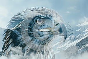 A regal eagle superimposed with the rugged peaks of a mountain range in a double exposure