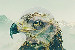 A regal eagle superimposed with the rugged peaks of a mountain range in a double exposure