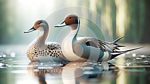 Regal Elegant Northern Pintail Ducks Colorful Plumage Swimming Marsh Waterfowl Springtime Morning Sunrise AI Generated