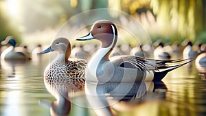 Regal Elegant Northern Pintail Ducks Colorful Plumage Swimming Marsh Waterfowl Springtime Morning Sunrise AI Generated